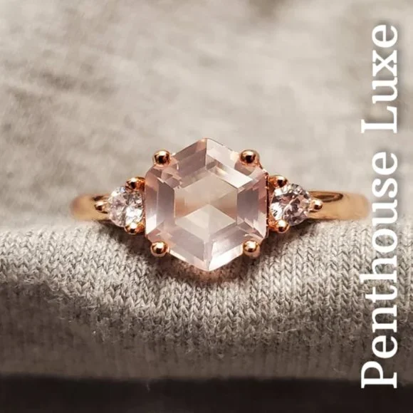 REAL Rose Quartz Hexagon Rose Gold 925 Ring - Picture 2 of 7